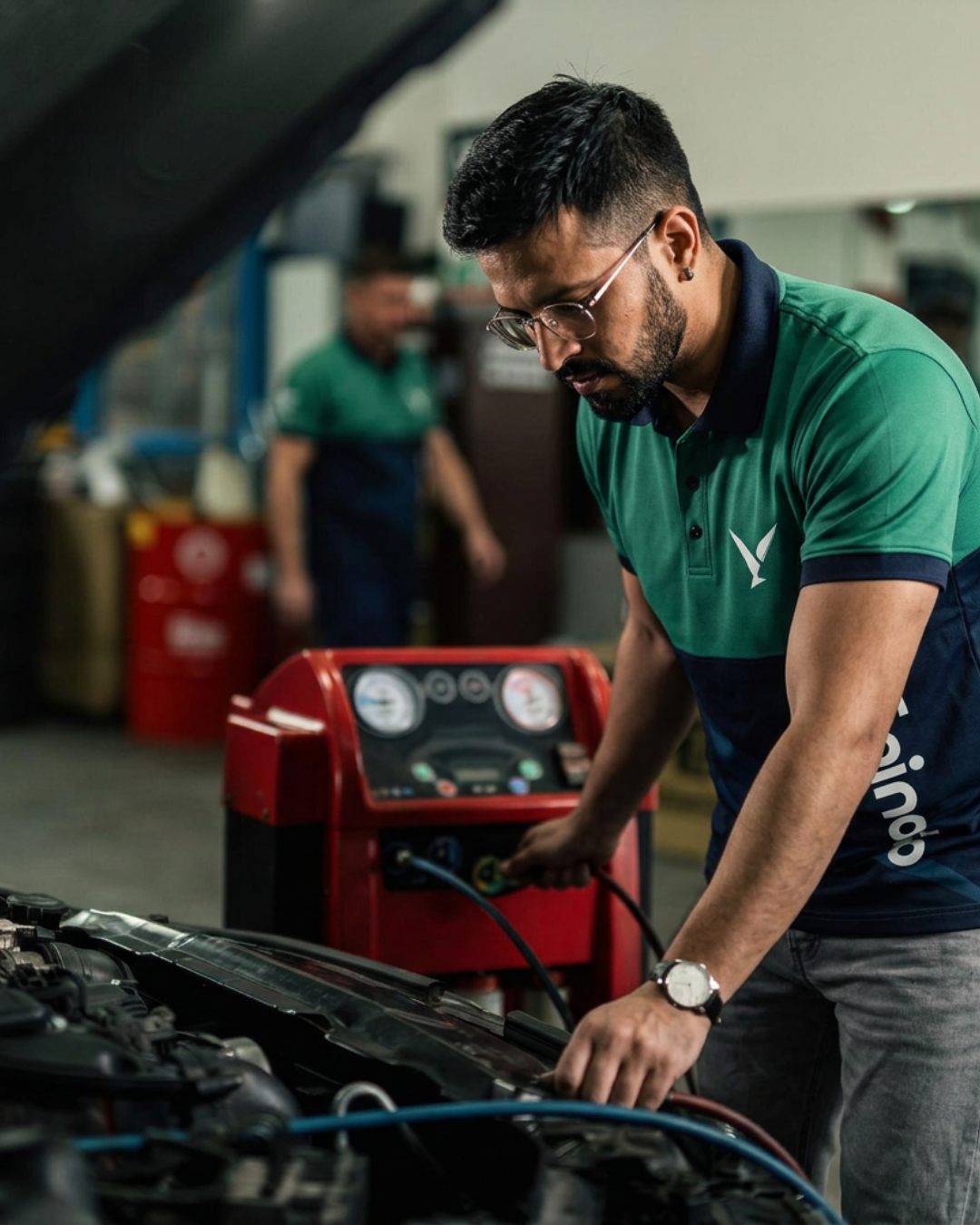 Spinoto mechanic performing car AC servicing