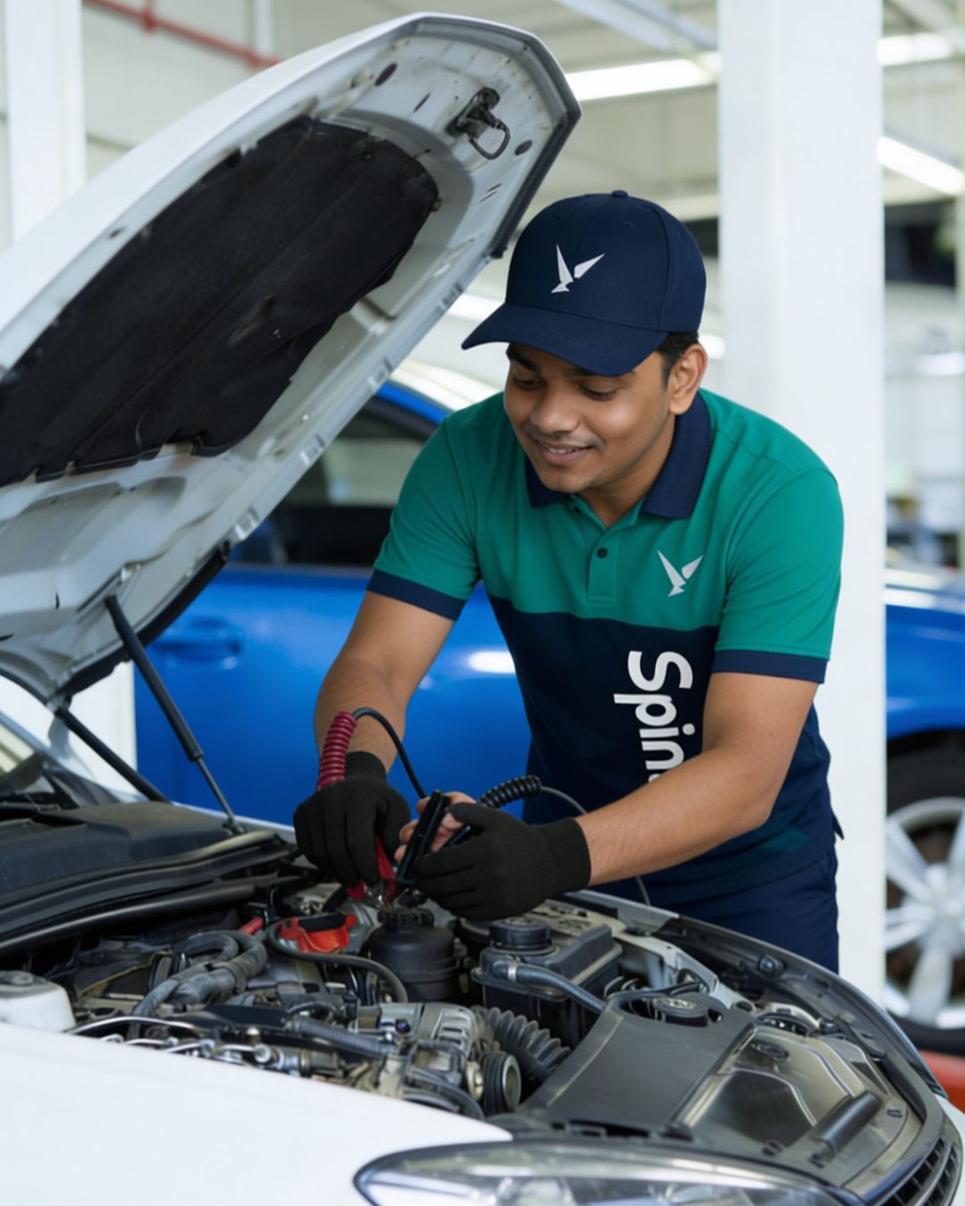 Spinoto mechanic servicing a car battery